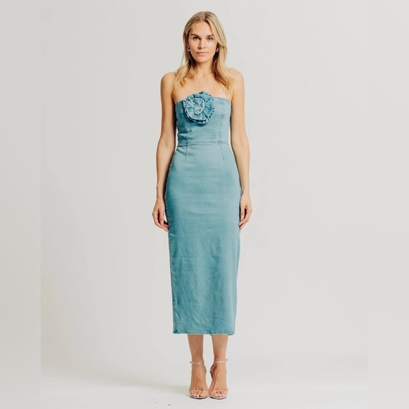 NWT Torn by Ronny Kobo‎ Renee Strapless Denim Midi Dress in Medium Blue Small - Picture 1 of 10